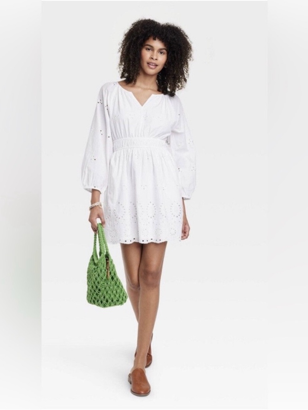 NWT Universal Thread White Eyelet 3/4 Puff Sleeve Dress